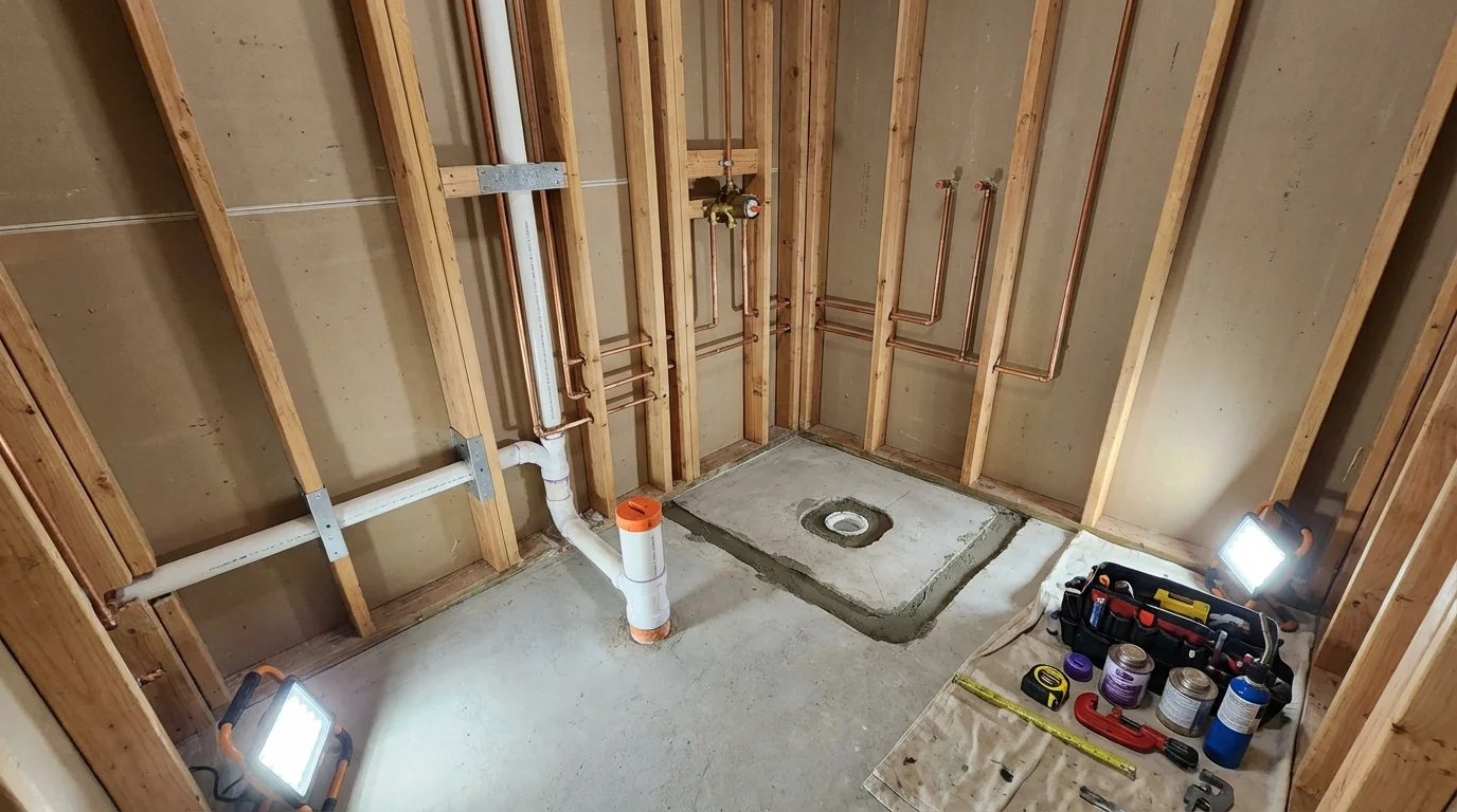 Bathroom rough-in plumbing during remodel by Johns Plumbing LLC in Saint Anthony