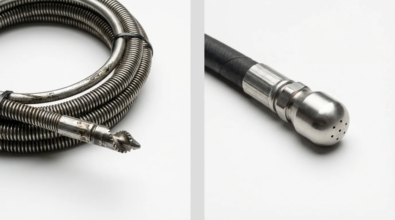 Drain snake cable and hydro jetting nozzle used for drain cleaning in Saint Anthony, ID