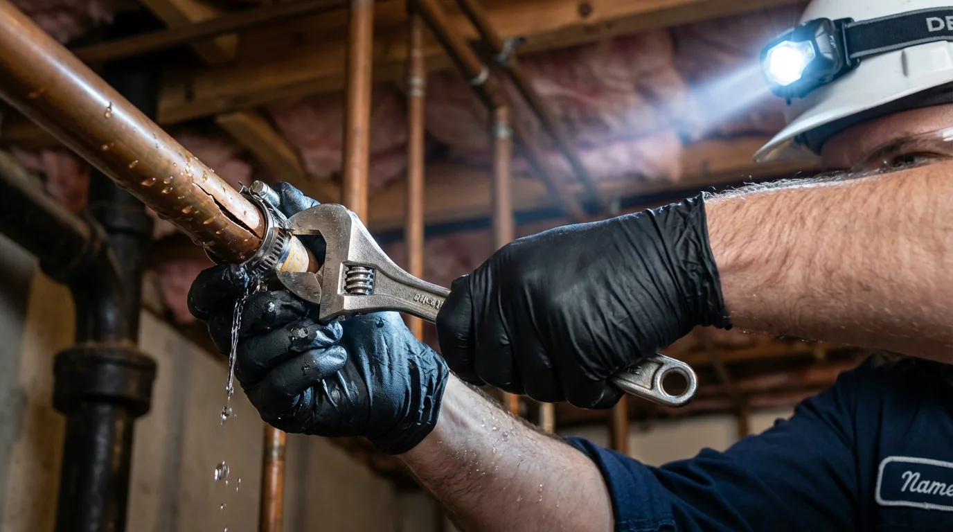 Emergency pipe clamp repair being performed by a Johns Plumbing LLC plumber in Saint Anthony