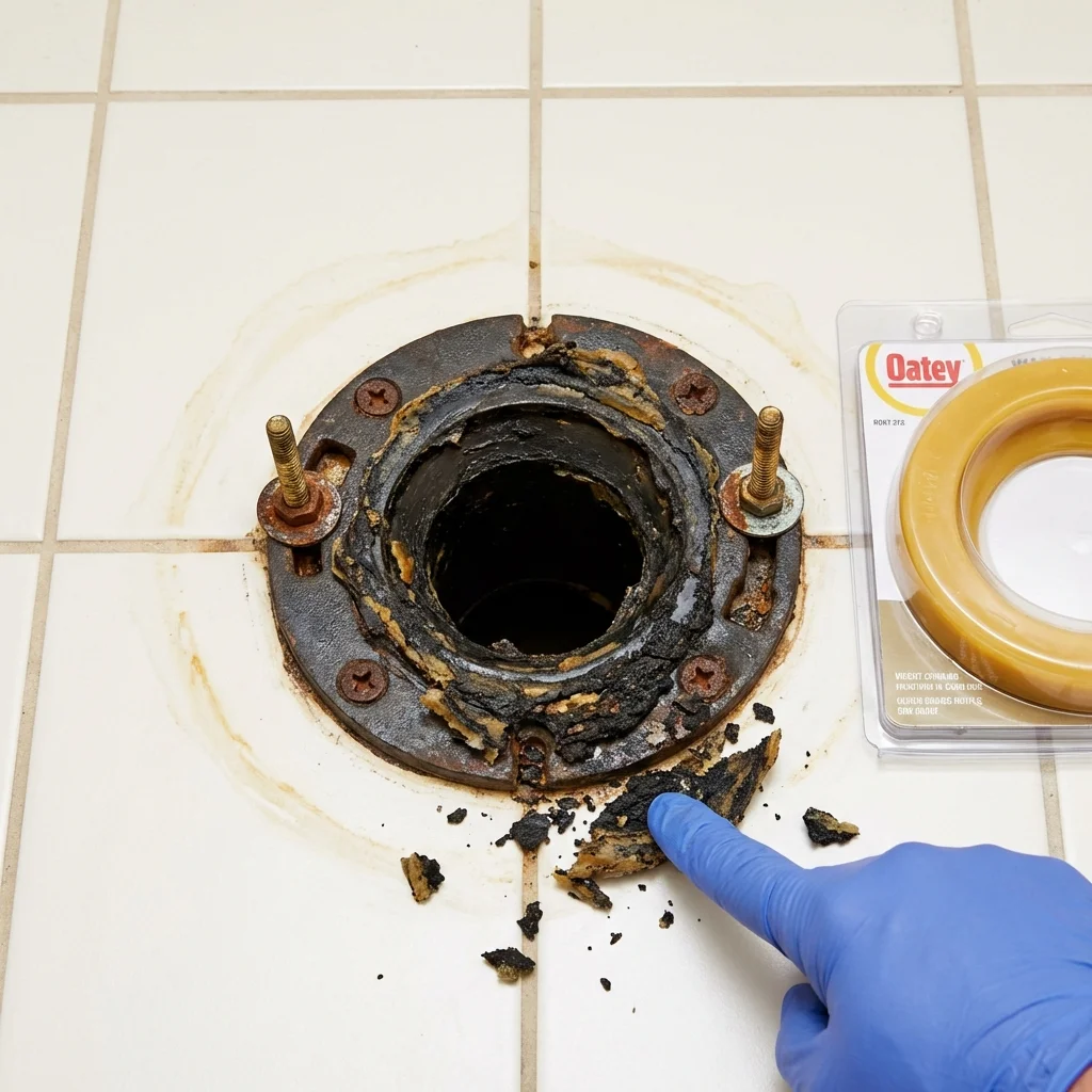 Failed wax ring showing water seepage at the base of a toilet in a Saint Anthony, ID home