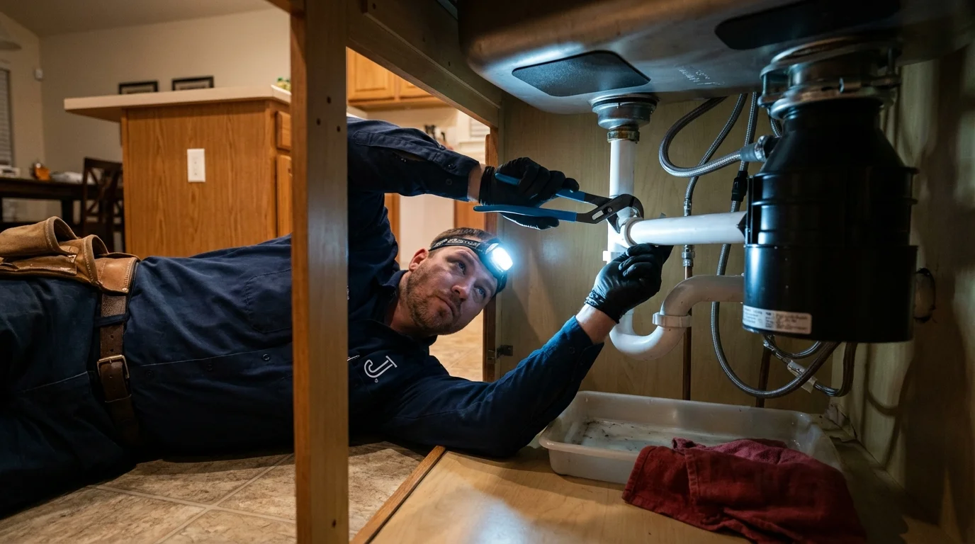 P-trap and supply line connections under a kitchen sink showing a common leak point in Saint Anthony, ID